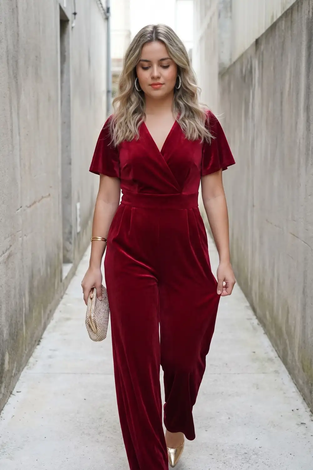 Woman in red velvet flutter sleeve wrap v-neck wide leg jumpsuit