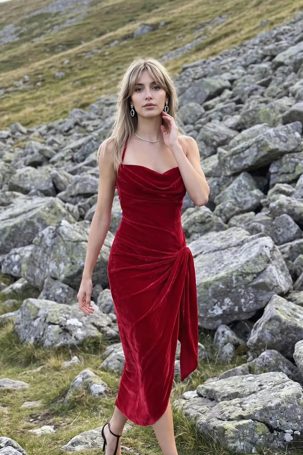 Woman in red velvet halter neck cowl sweetheart draped tie waist asymmetric midi dress