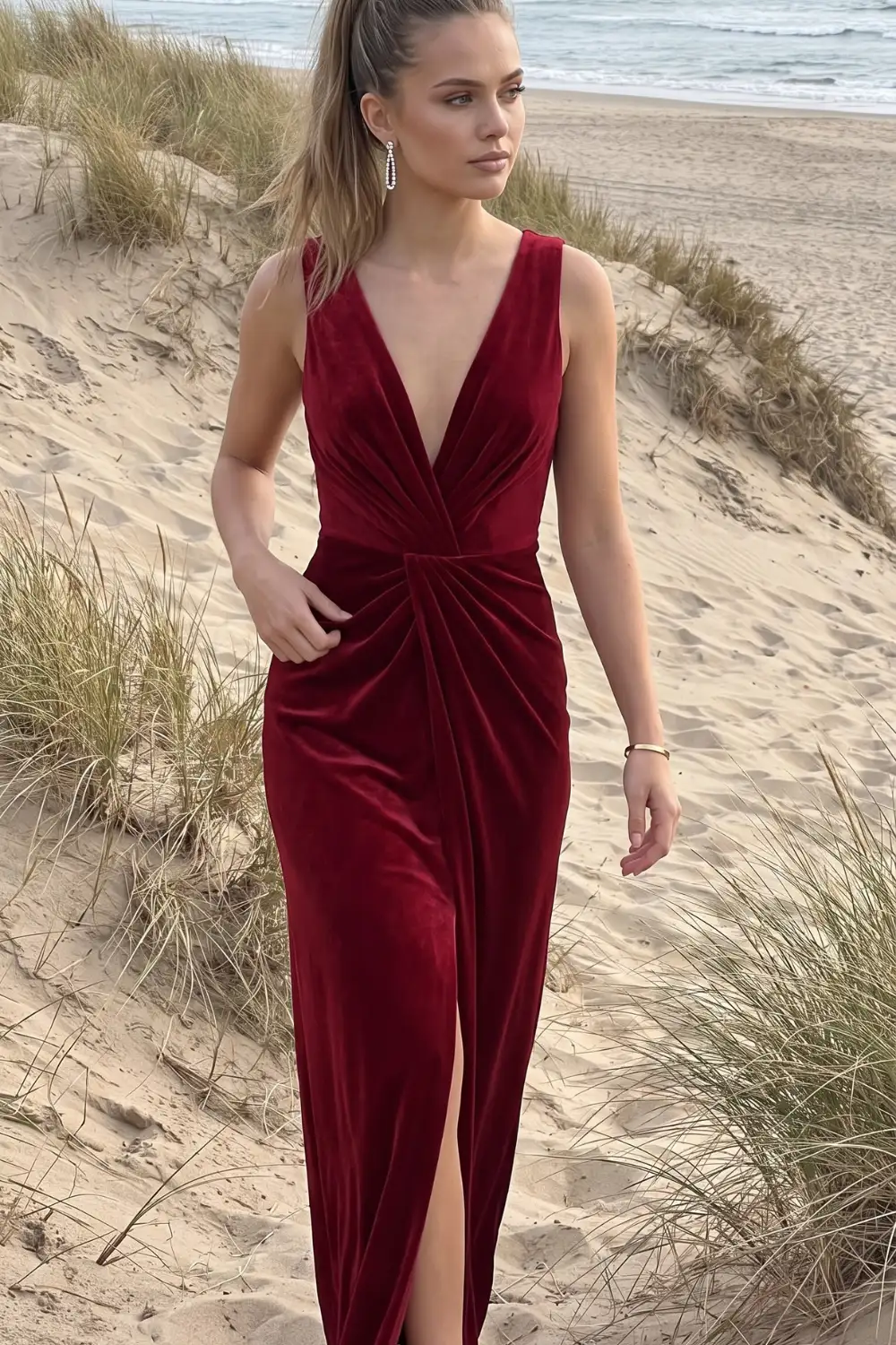 Woman in red velvet deep v-neck twist knot front sleeveless fitted maxi dress with side slit