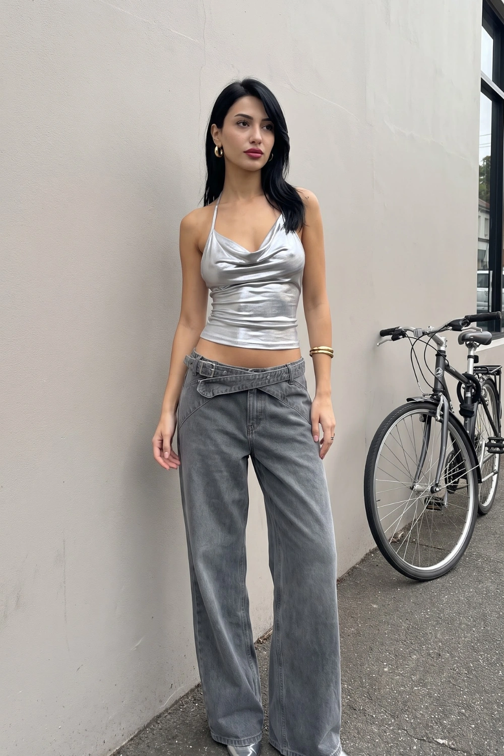 Woman in silver metallic cowl neck halter crop top and grey washed wide leg low rise jeans
