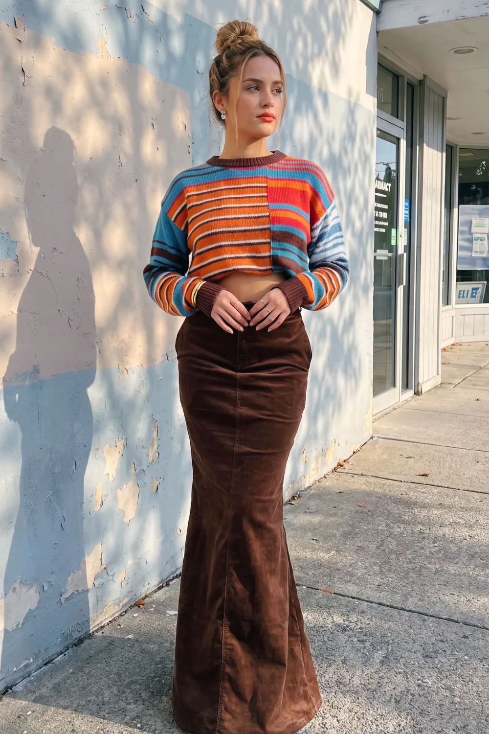 Woman in orange blue multicolour stripe crop knit sweater and chocolate brown corduroy maxi skirt