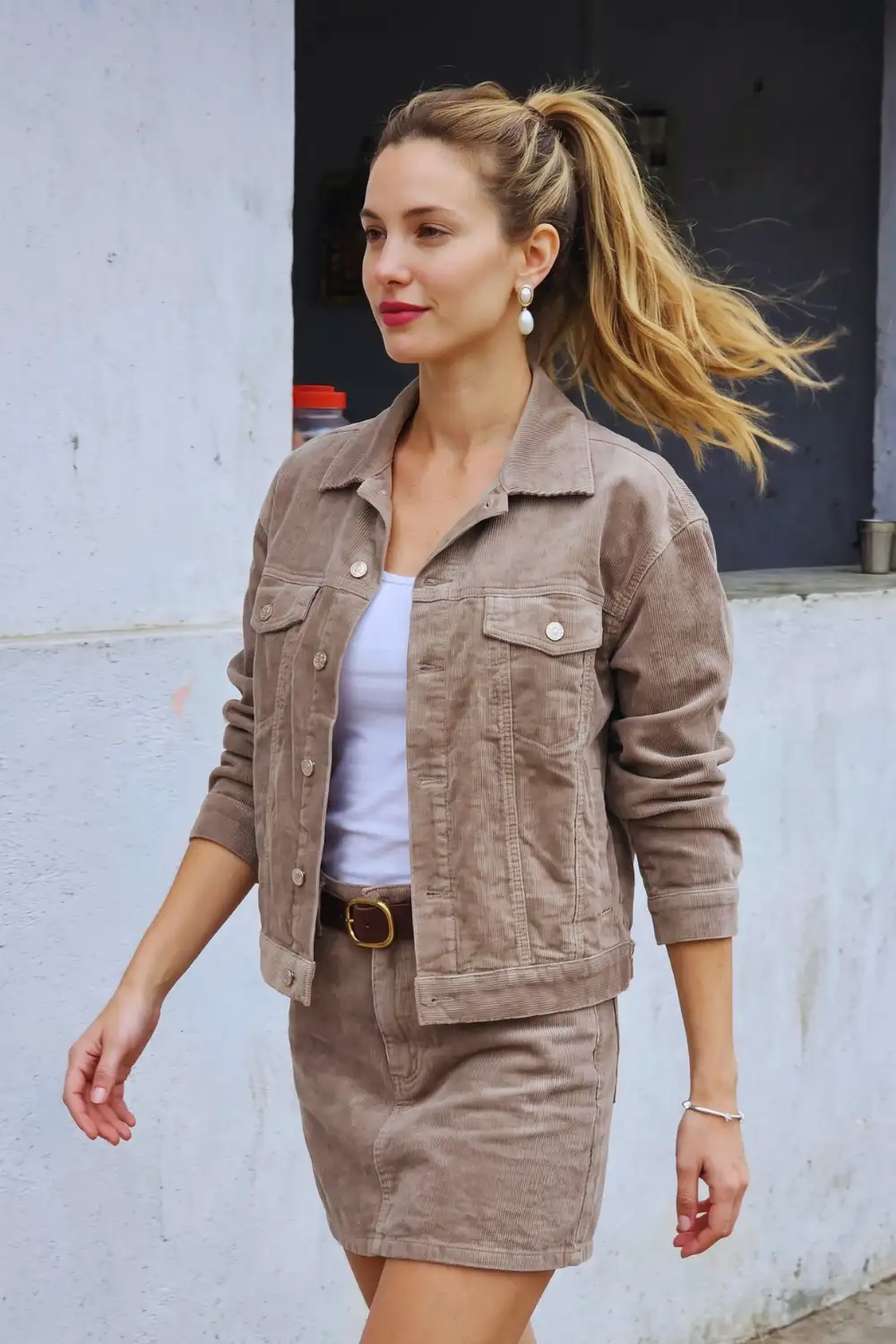 Woman in taupe corduroy trucker jacket with white tank top and matching mini skirt and brown belt