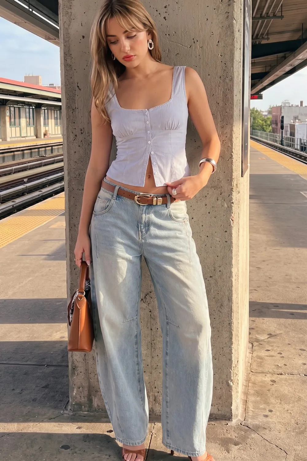 Woman in white linen button front crop top with brown belt and light wash barrel jeans