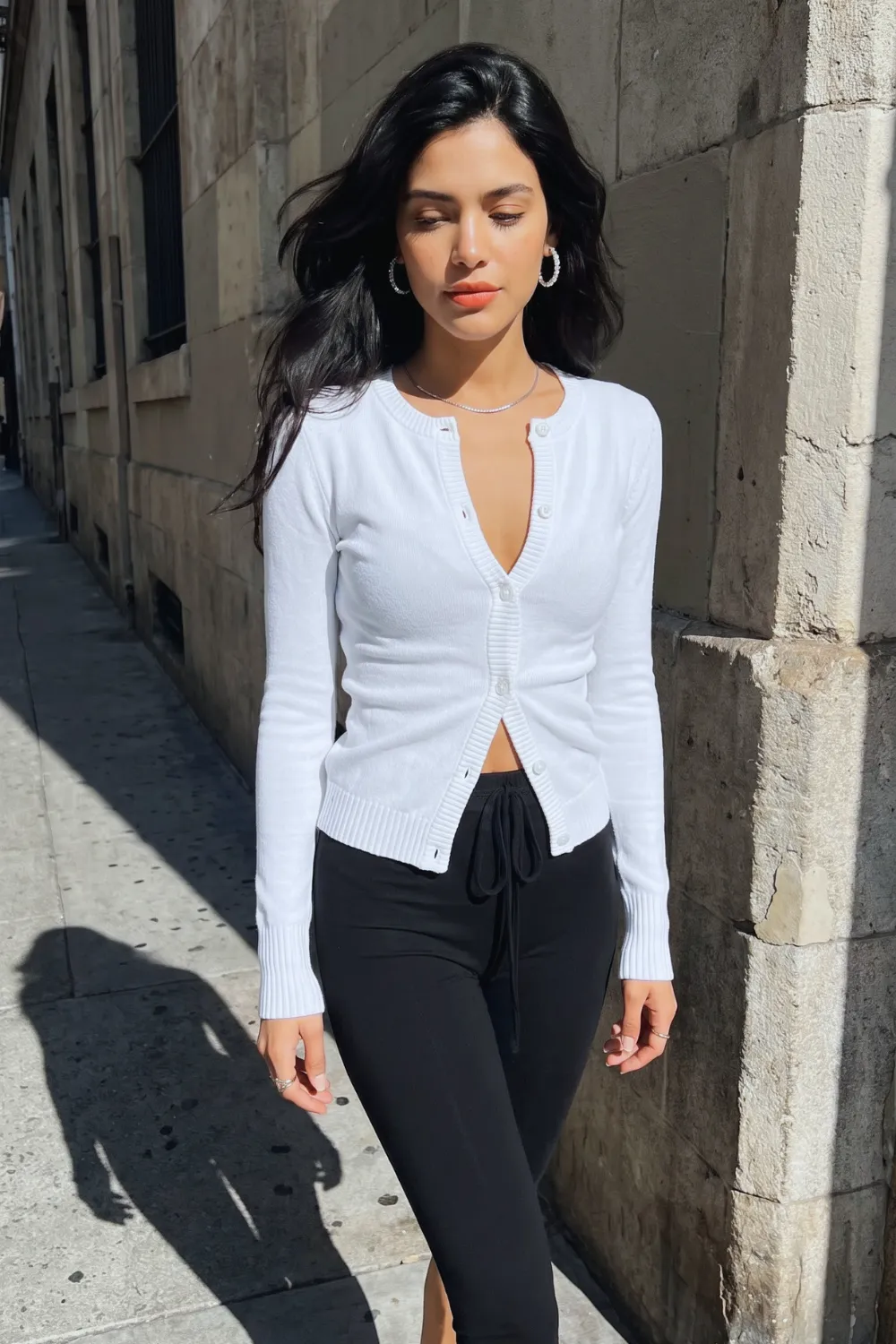 Woman in white fitted cardigan with black drawstring trousers