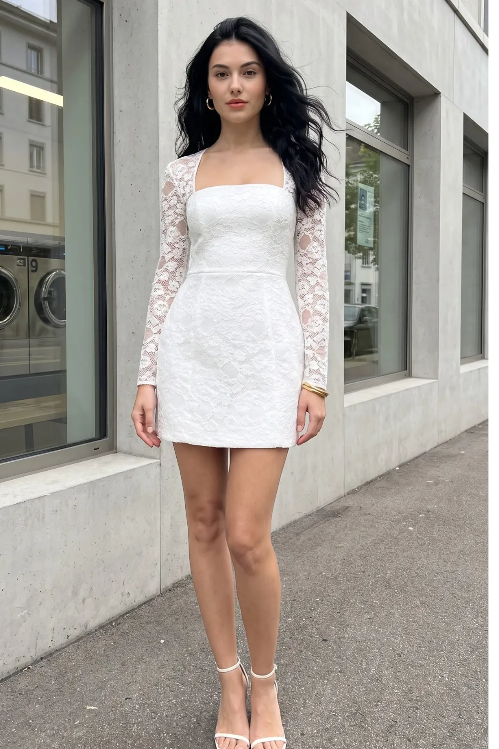 Woman in white lace square neck long sleeve mini dress