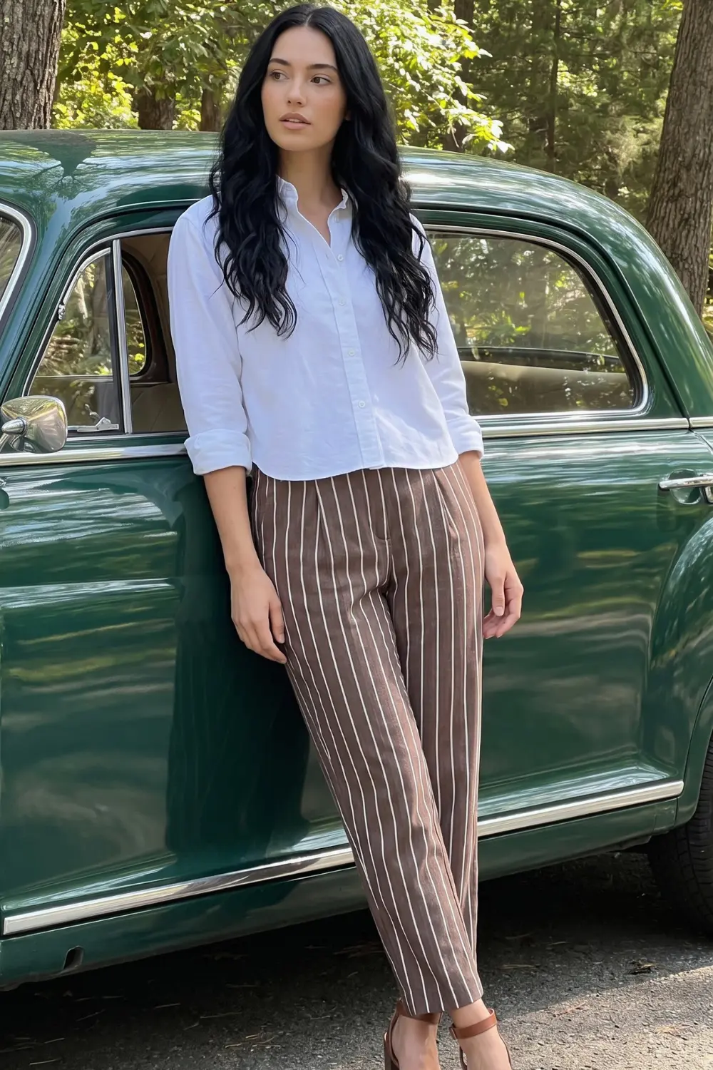Woman in white linen button down shirt and brown white pinstripe linen trousers