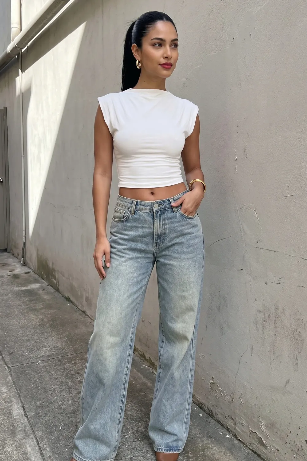 Woman in white padded shoulder sleeveless crop top with light blue acid wash low rise wide leg jeans