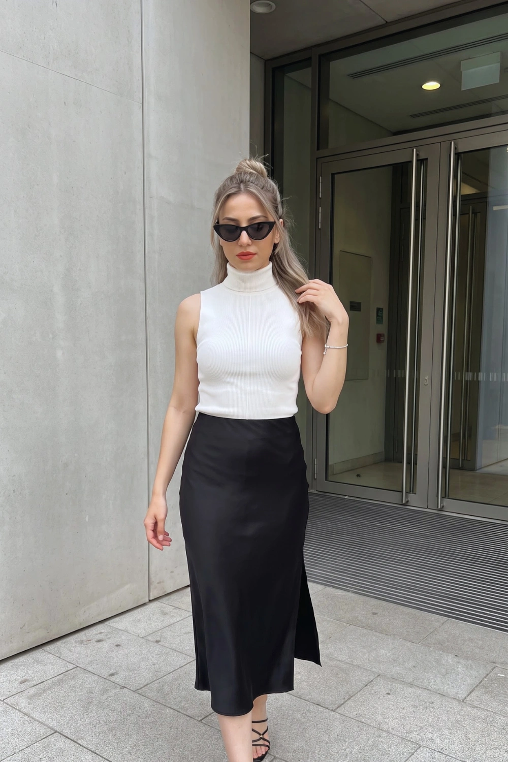 Woman in white sleeveless ribbed turtleneck top with black satin midi skirt