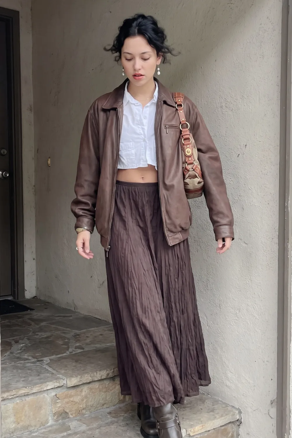 Woman in white cropped button shirt dark brown crinkle maxi skirt and brown leather bomber jacket