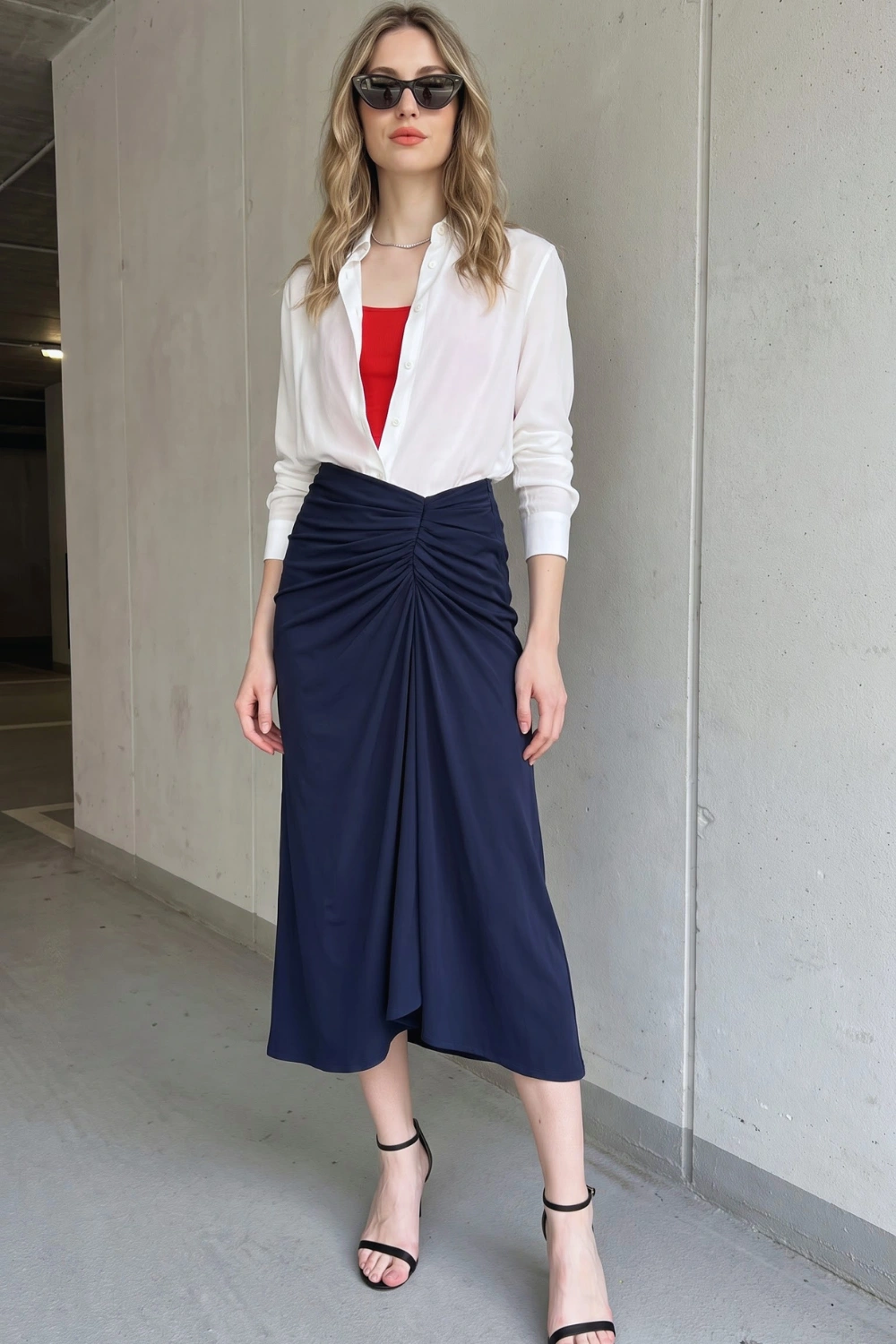 Woman in white satin shirt with red bandeau and navy blue ruched midi skirt