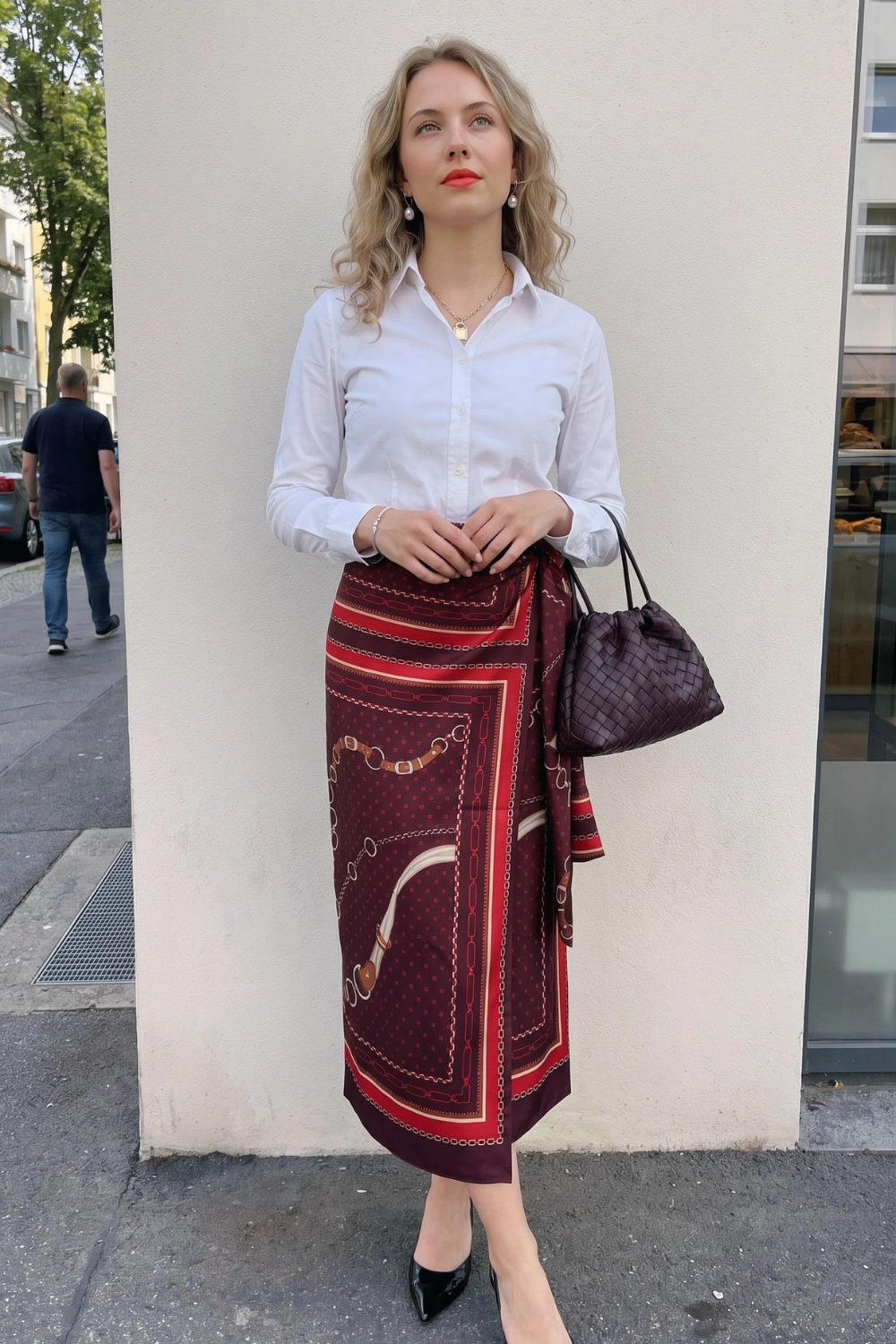 Woman in white button down shirt and burgundy chain print satin wrap midi skirt