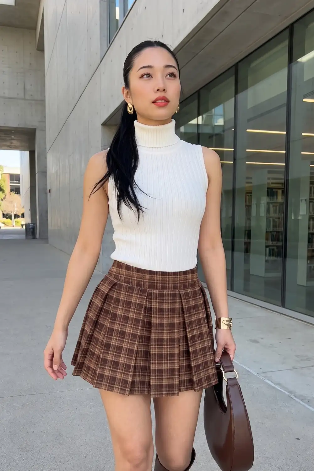 Woman in white sleeveless ribbed turtleneck with dark brown plaid pleated mini skirt