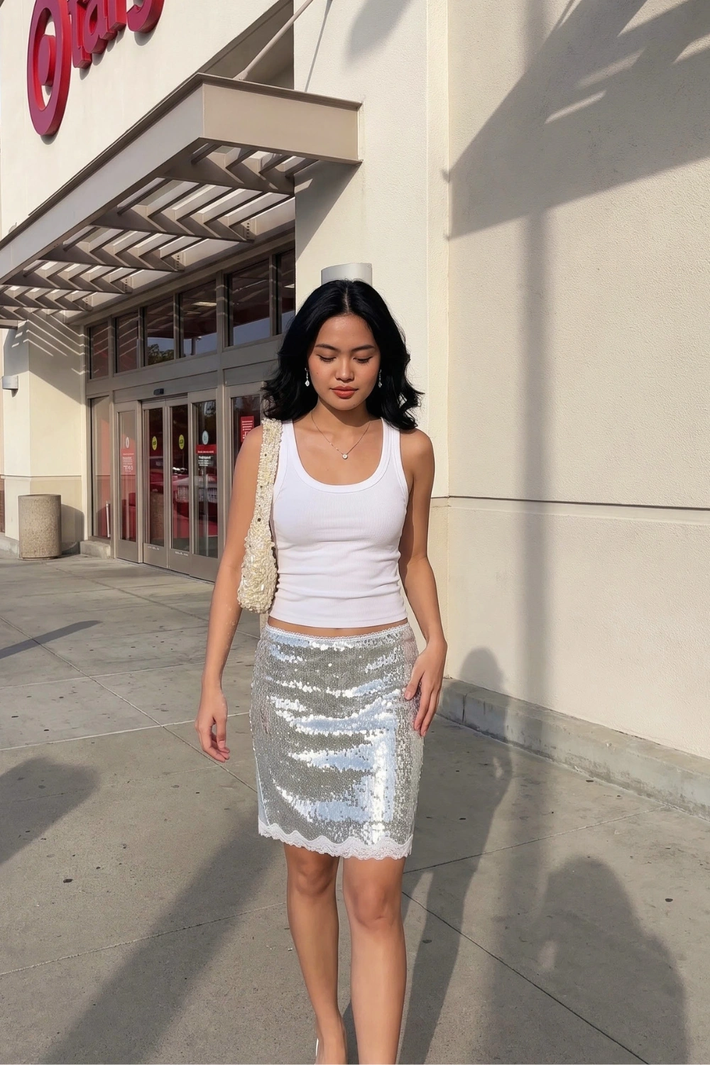 Woman in white ribbed tank with silver lace hem sequin midi skirt