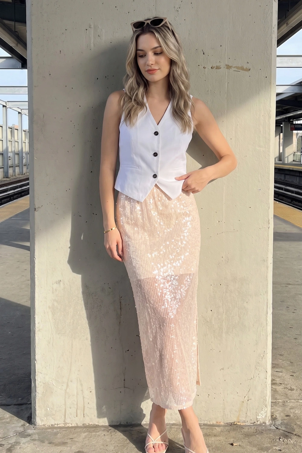 Woman in white button vest top with blush pink sequin maxi skirt and white strappy heels