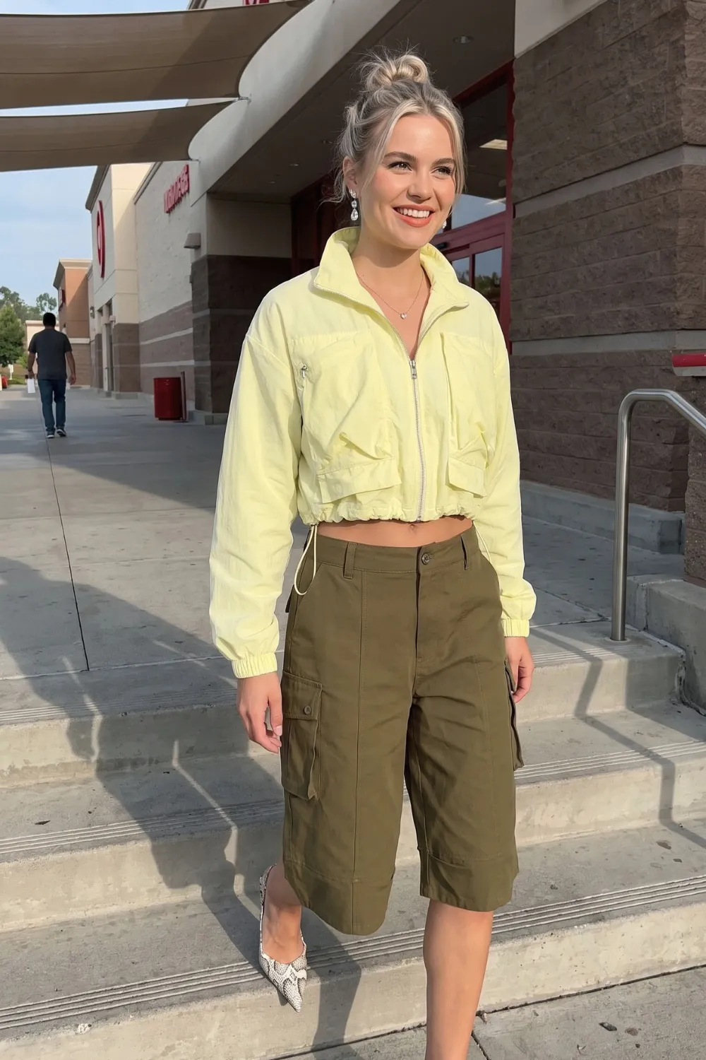 Woman in pastel yellow cropped zip up windbreaker jacket with olive green cargo bermuda shorts