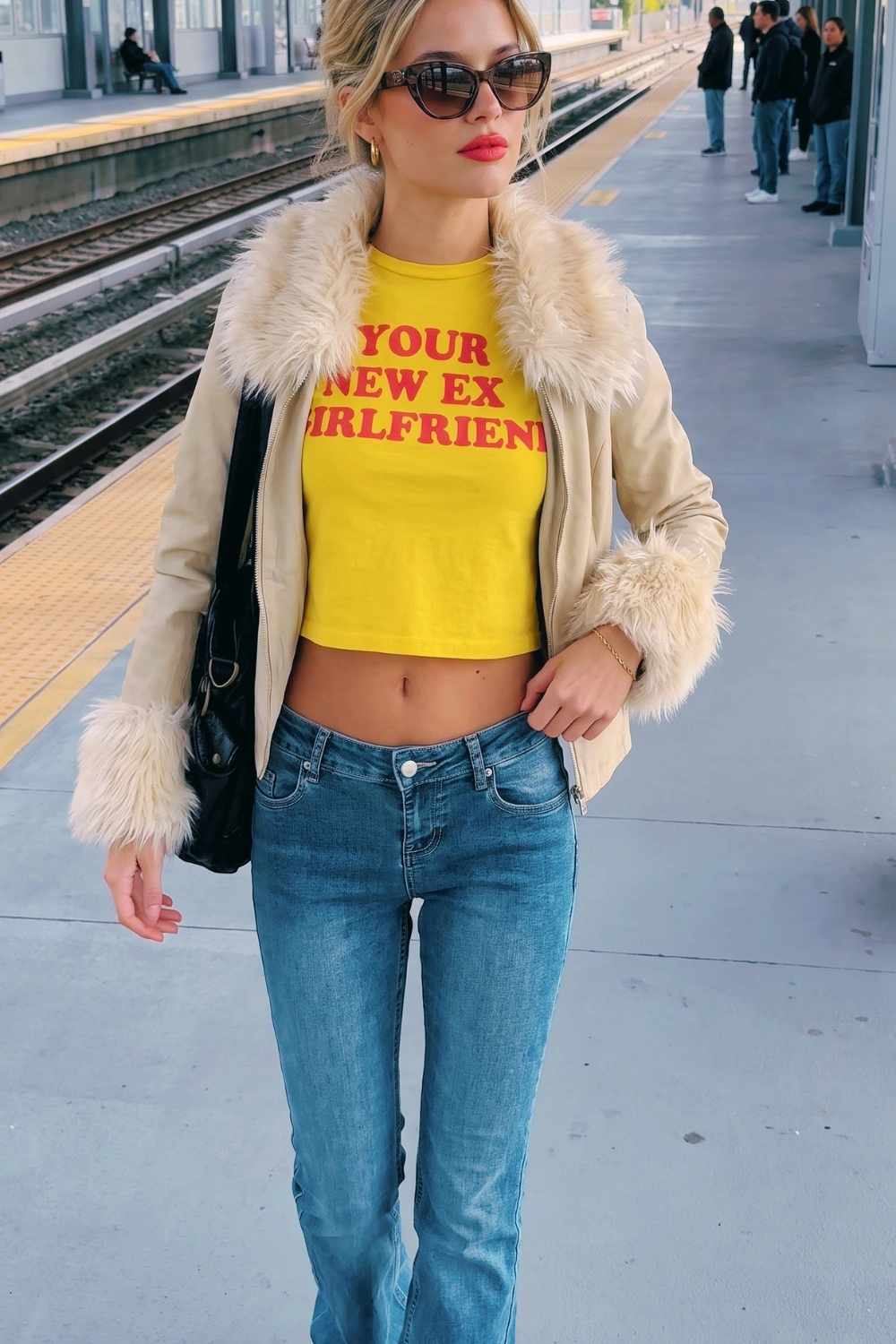 Woman in yellow graphic crop tee with cream faux fur trim suede jacket and mid wash low rise bootcut jeans