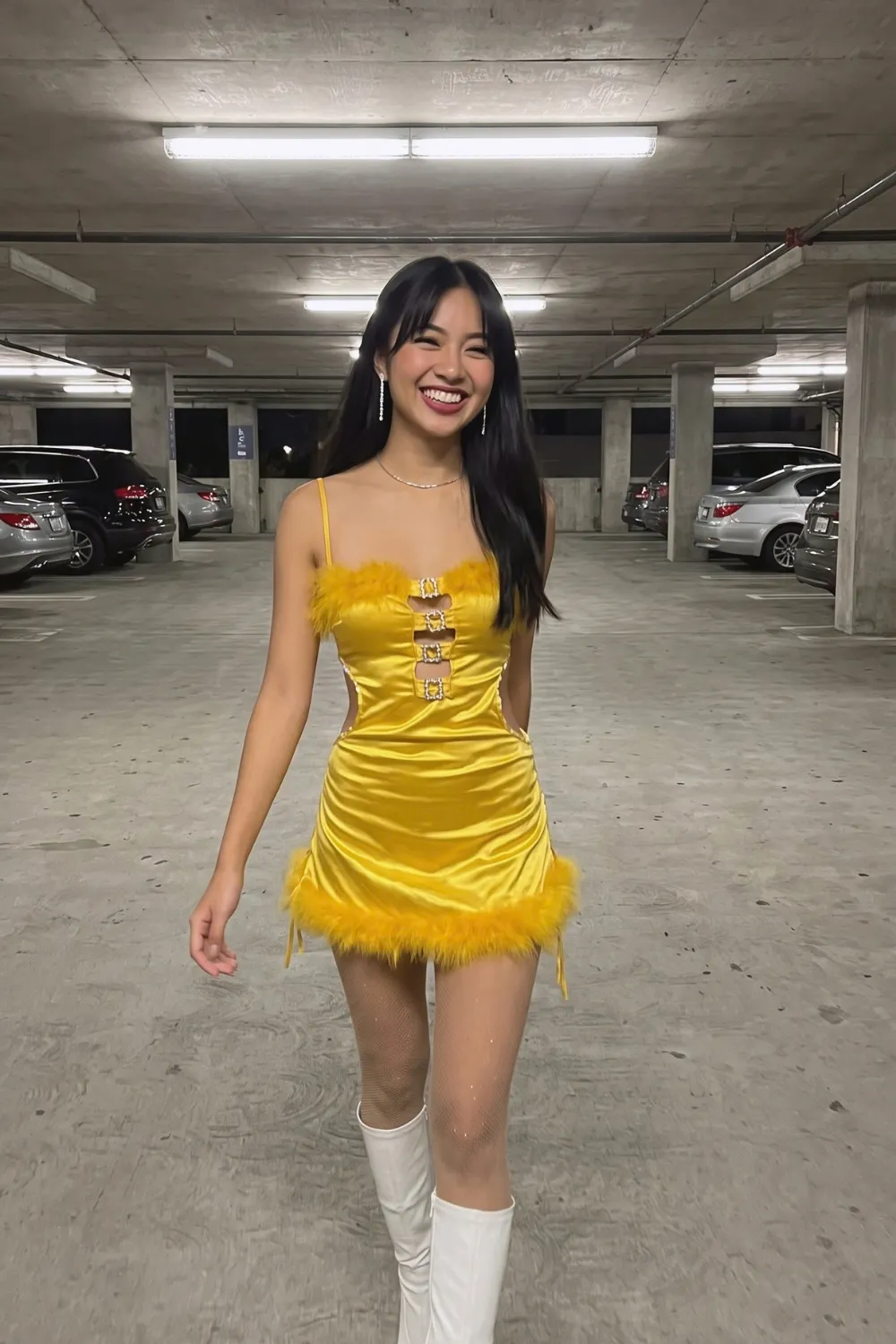 Woman in yellow satin feather trim rhinestone cutout mini dress with white knee high boots